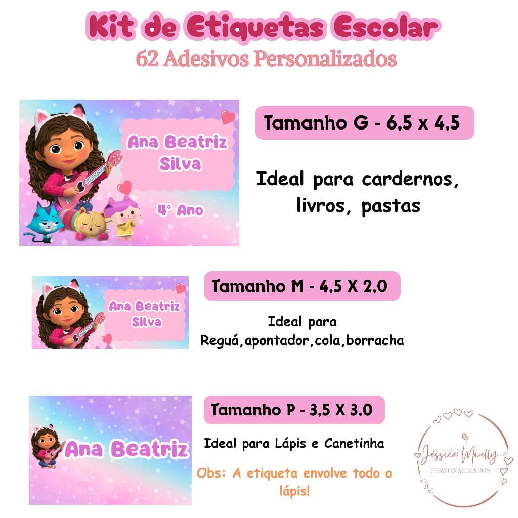 Kit de Etiquetas Escolares Personalizadas - Tema CASA MAGICA DA GABY - 62 Adesivos Personalizados - ENVIO IMEDIATO