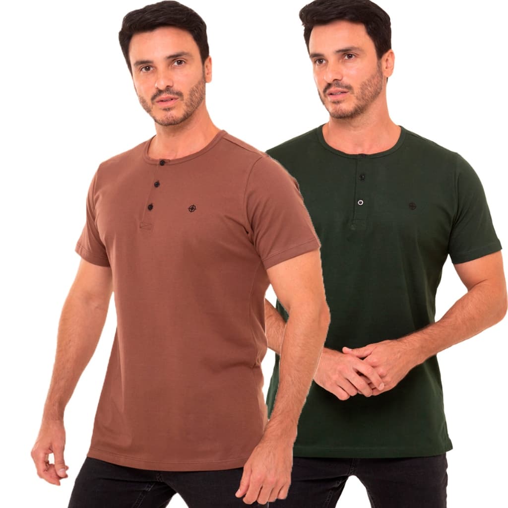 Kit 2 Camiseta Botão Henley Masculina Algodão Premium Casual