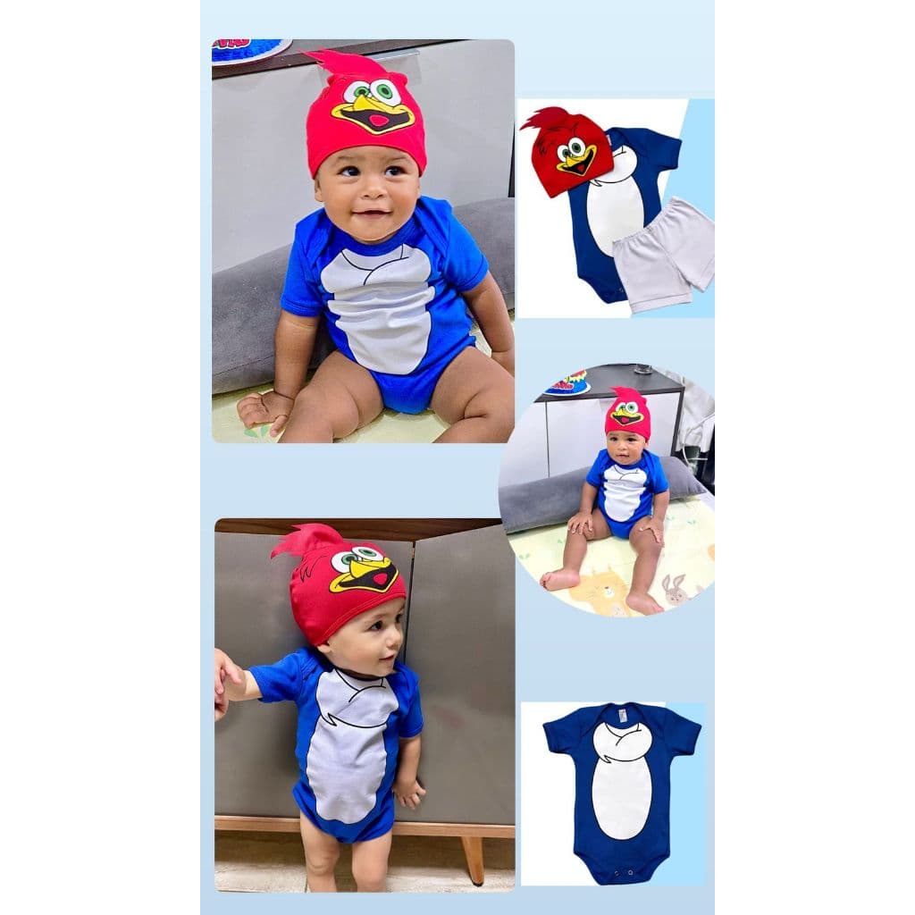 Body para bebê Pica Pau Body temático para mesversario desenho animado Fantasia para bebê Passáro Body + Touca Pica Pau