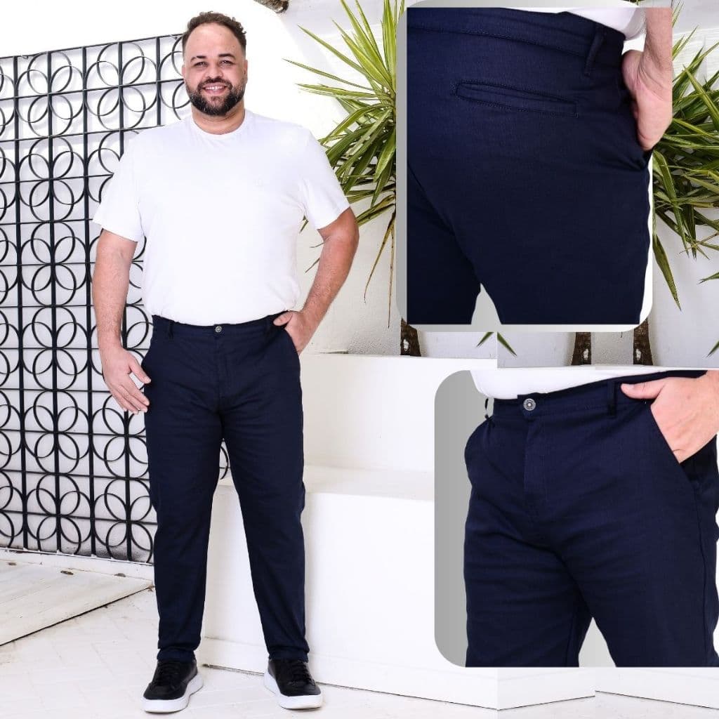 Calça Plus Size Marinho Sport Fino Alfaiataria com Lycra Tamanhos Especiais 50 52 54 56