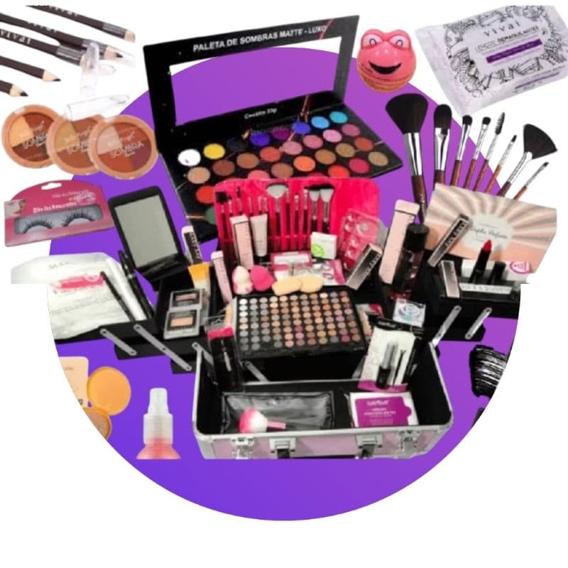 kit de maquiagem de 10 itens ,com pinceis,batom,gloss,po compacto entre outros(obs nao acompanha a maleta)