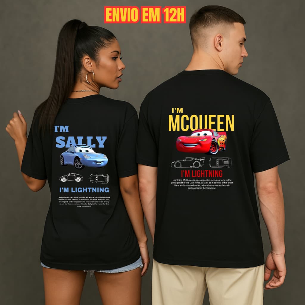 Kit 2 Camisetas Casal Carros Relâmpago Mcqueen e Sally Masculina e Feminina