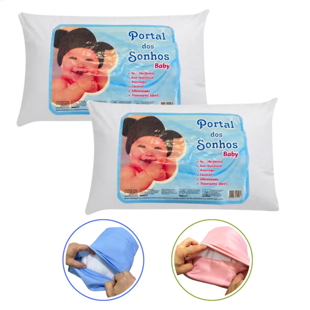 Kit 2 Travesseiro + 2 Fronha 30x45 cm Infantil Bebe Antialérgica 100% Percal Macia