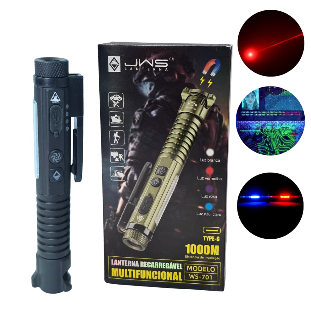 Lanterna LED Caneta Jws Com Laser + Neon Uv Strobo Policial USB