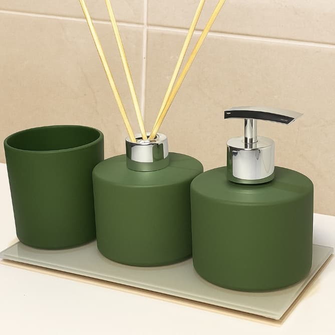 Kit Lavabo Verde Militar Com Vaso Aromatizador Sabonete Líquido e Bandeja Luxo