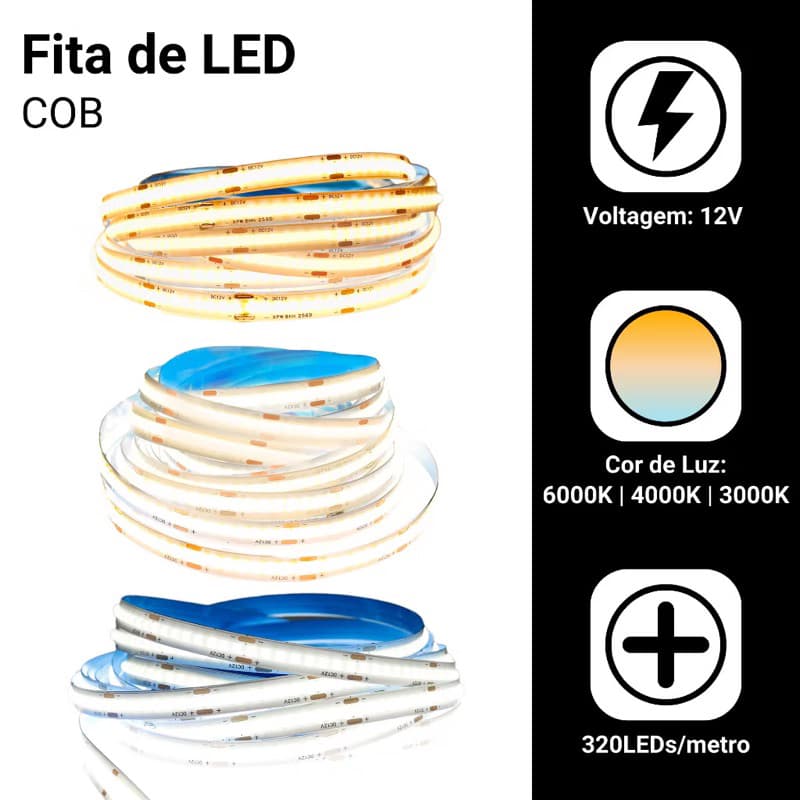 Fita de Led Cob 3000k 4000K 6000K 12v 5mts 8mm 252led/320led/480led/M Ip20 Para Perfil