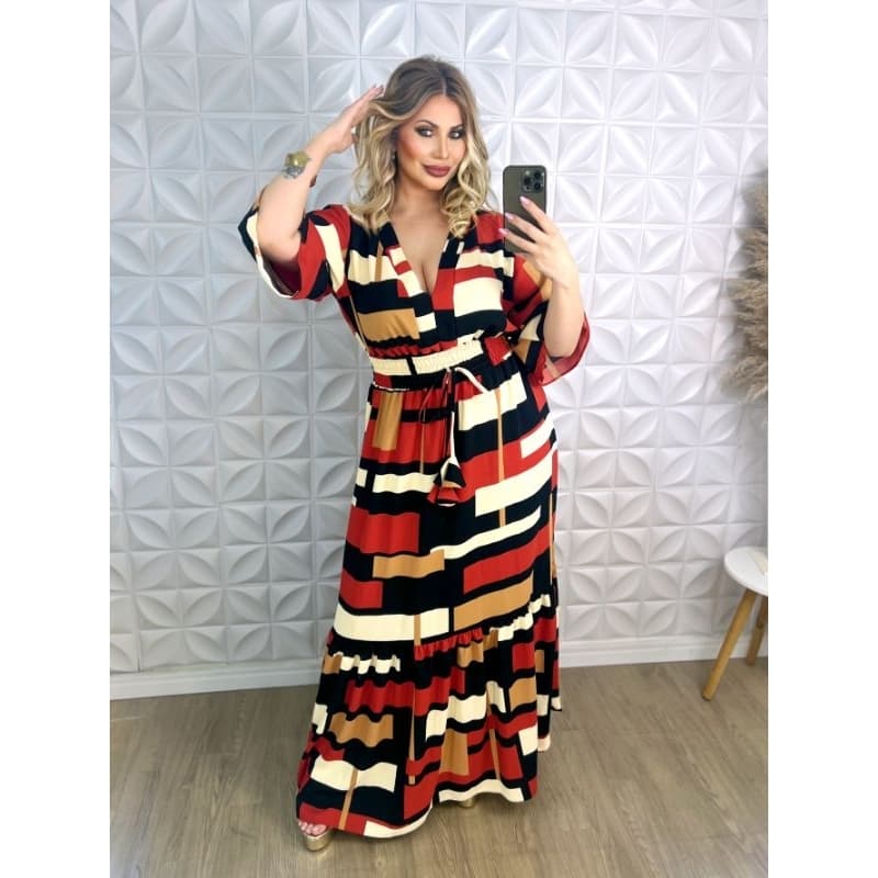 vestido Femenino Vestido Longo Plus Size Forrado Gola v Moda Evangelica