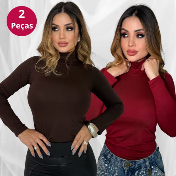 Kit 2 Blusa de Frio Gola Alta Manga Longa Viscolycra Cacharrel Versátil Estilosa Moda Blogueira