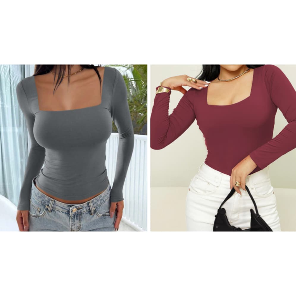 Kit 2 Blusas SUPLEX Manga Longa Gola Quadrada Moda Inverno