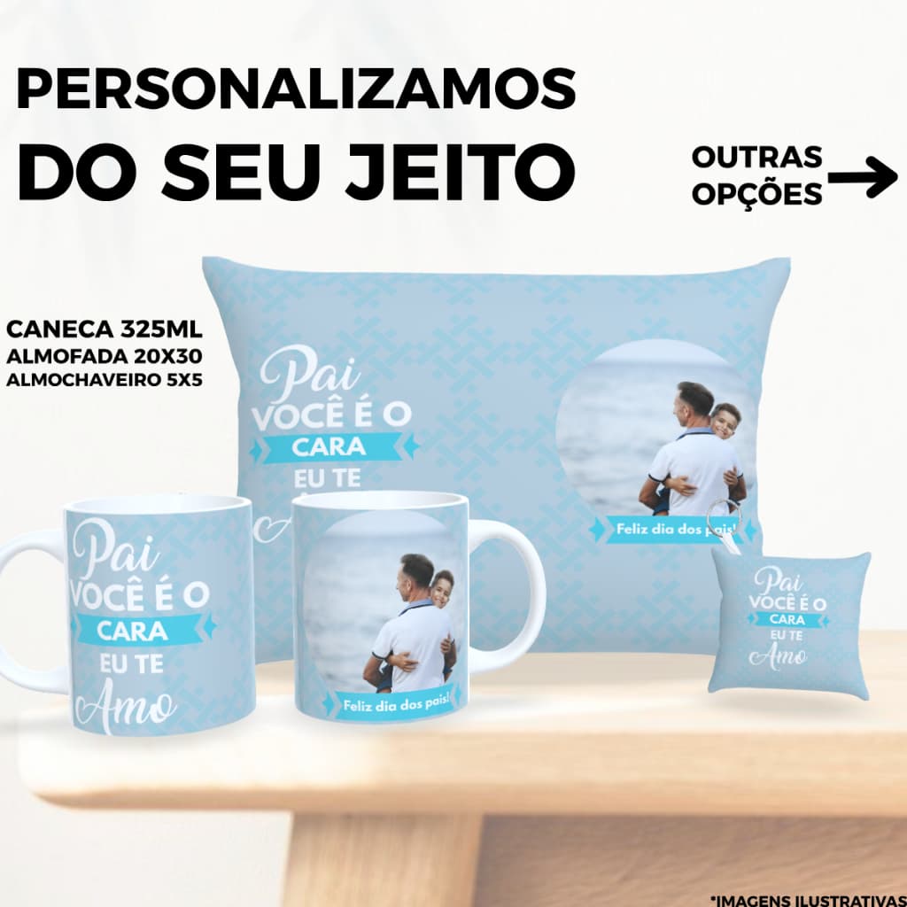 Kit Presente Dia dos Pais com Foto Almofada Chaveiro e Caneca Personalizada em Porcelana Super pai
