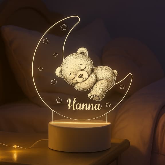 Luminária Lua Urso LED 7 cores RGB Personalizada nome Criança, Decoração, Bebê, Acrílico,