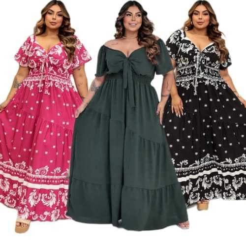 Vestido Longo em Decote V de Amarrar Liso e Estampado G1 G2 G3 Plus size 50 ao 58
