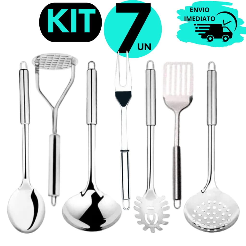 Kit Utensilios de Inox Colher Concha Escumadeira Pegador de Massa Garfo Trinchante Espatula