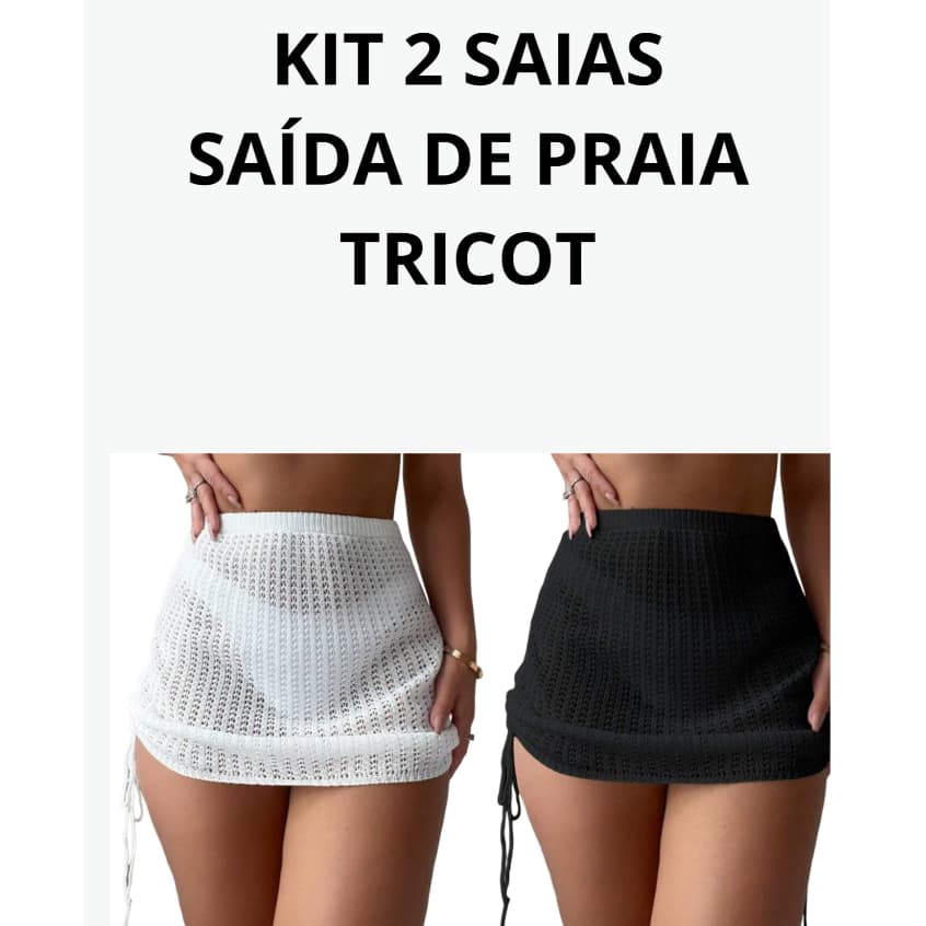 Kit Saia Saída de Praia Tricot Crochê Saia Curta Praia Com cordões Laterias Para Ajuste