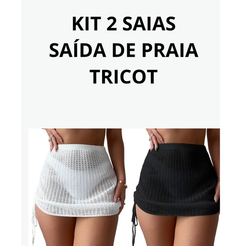 Kit Saia Saída de Praia Tricot Crochê Saia Curta Praia Com cordões Laterias Para Ajuste