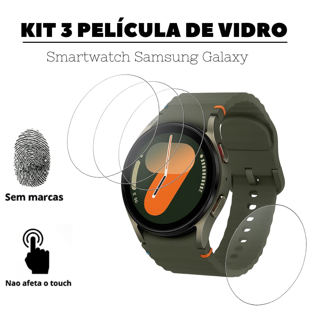Kit 3 Películas de Vidro Galaxy Watch 4 5 6 7 40mm 42mm 44mm 45mm 46mm Samsung