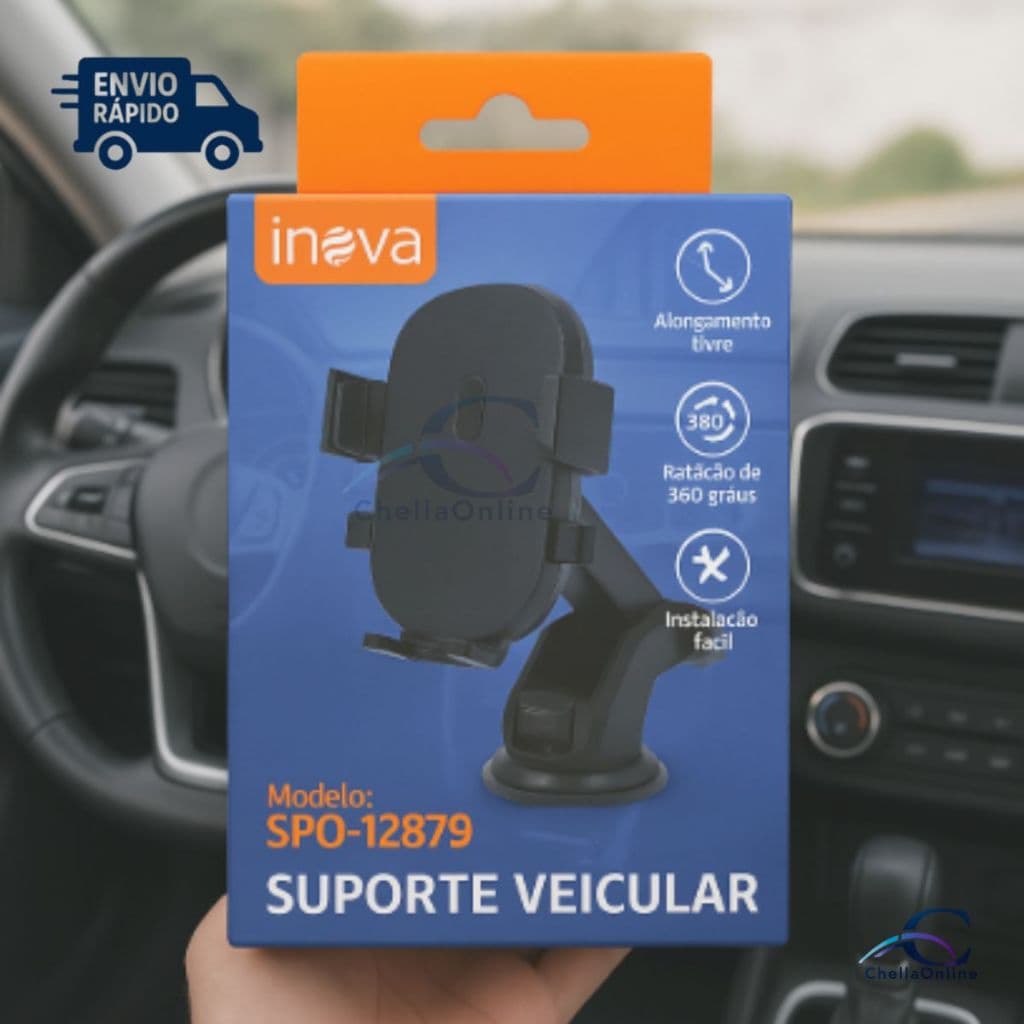 Suporte Celular Veicular com Ventosa Inova SPO-12879 Ajustável Rotação 360° para Painel e Vidro