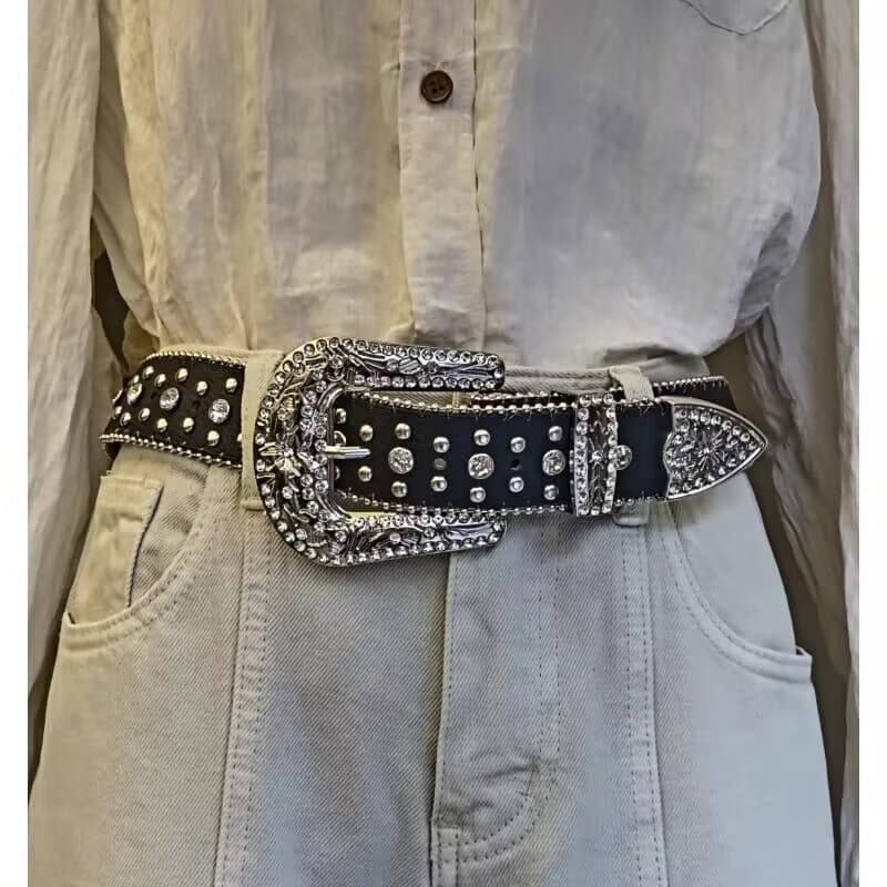 Cinto Feminino Country em Strass Brilhos Fivela Prata Ocidental Cowboy Tachas Blogueira Moda Balada