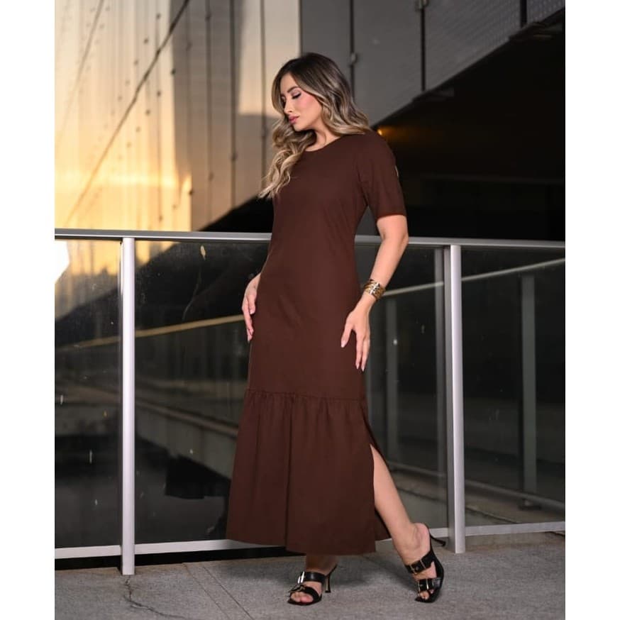 Vestido longo Marie tecido de linho com elastano todo forrado moda evangélica social