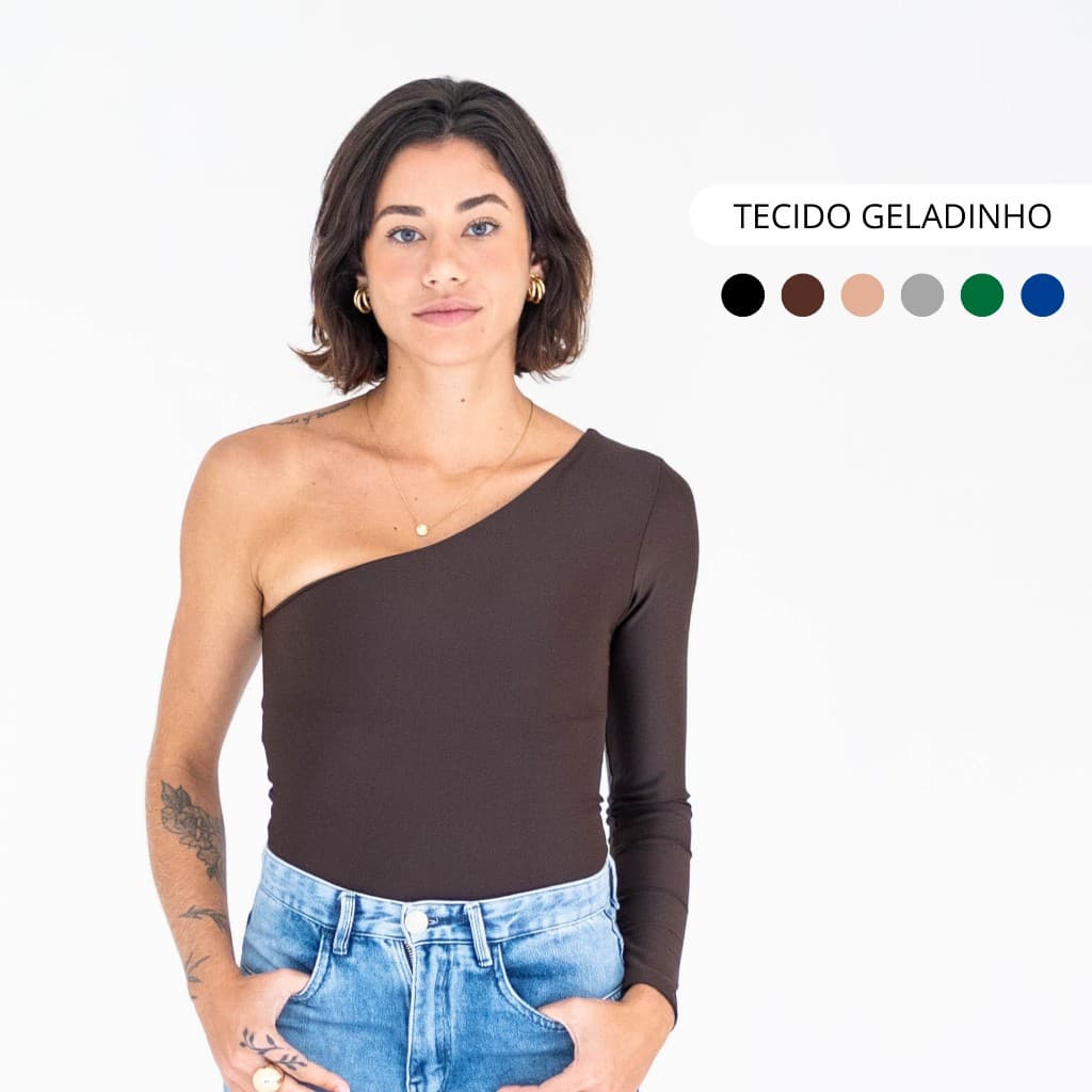 Body Um Ombro Só em Poliamida Manga Longa com Forro Tecido Frio Tecnologico