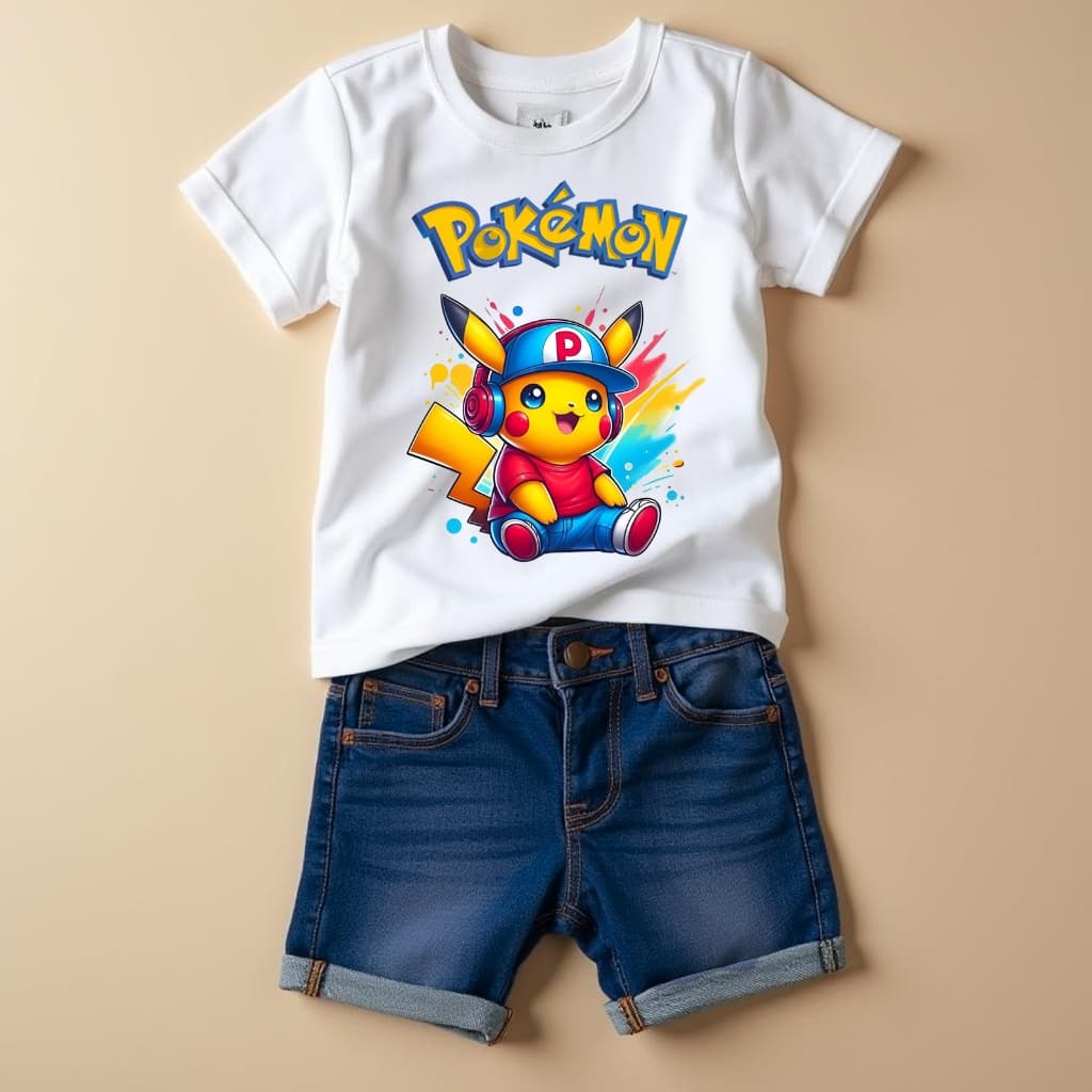 Conjunto Pokemon Ash Pikachu Anime Jogo Bermuda Jeans 2 ao 12
