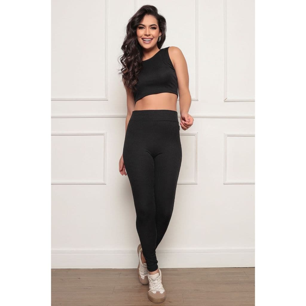 Conjunto Feminino Calça e Blusa Cropped Canelado