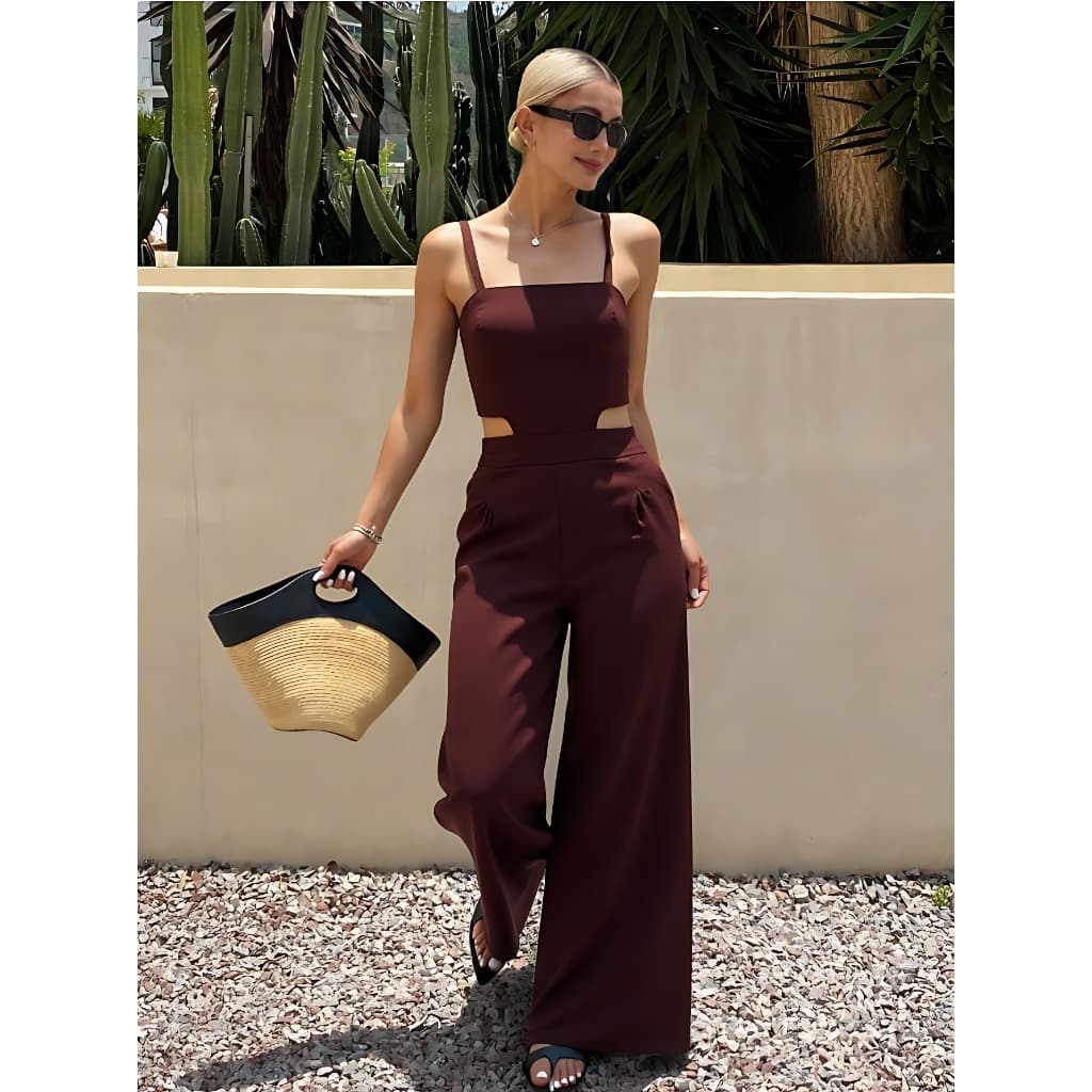 ZALLA Macacão de linho com forro Feminino Alfaiataria Cut-Out – Alças Finas e Pantalona