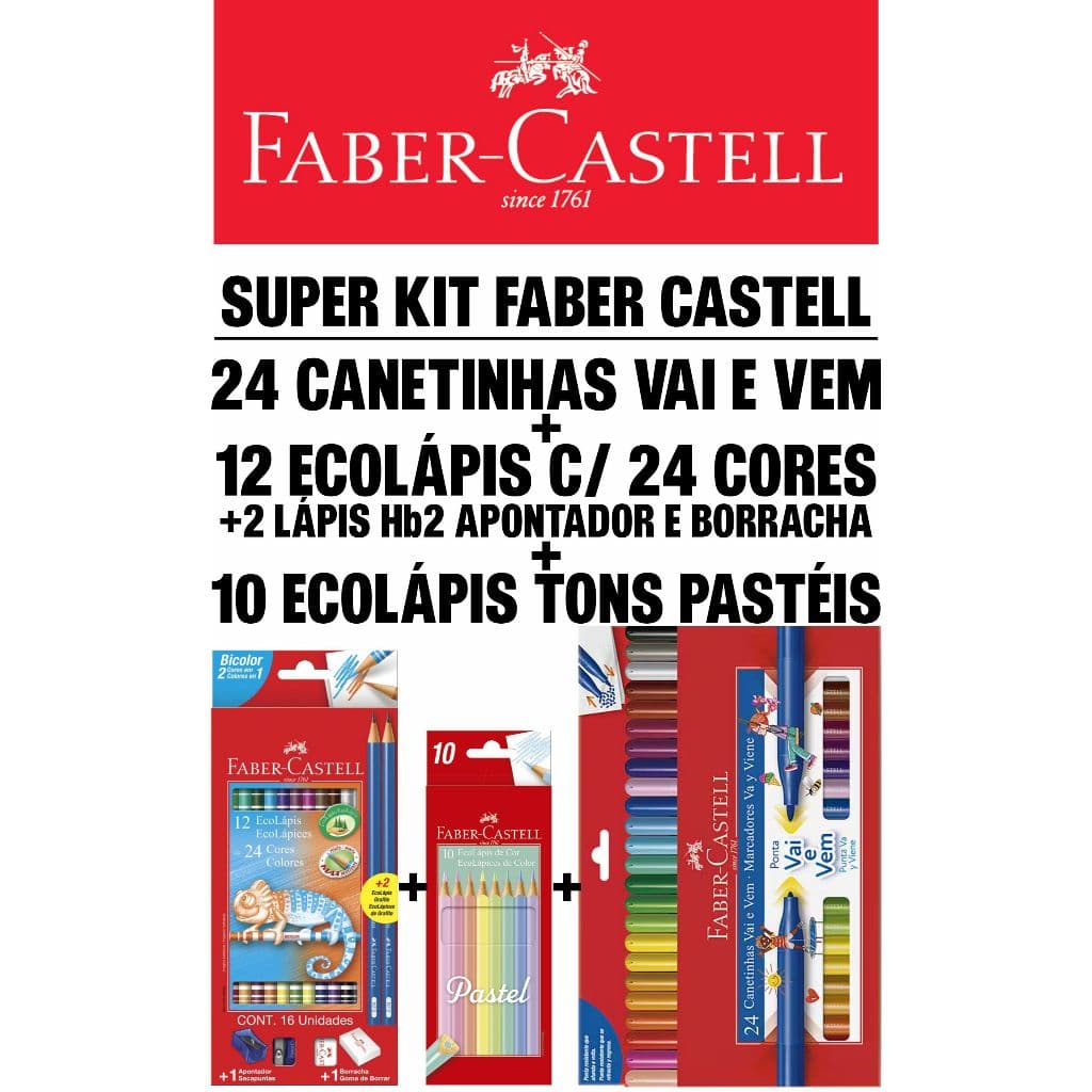 Kit Ecolápis de cor 12 Bicolor 24 Cores + 10 Tons Pastéis + 24 Canetinhas Vai e Vem - Faber Castell