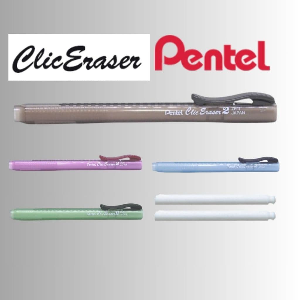 Caneta Borracha Clic Eraser Pentel ZE11T corpo transparente ou 2 refis