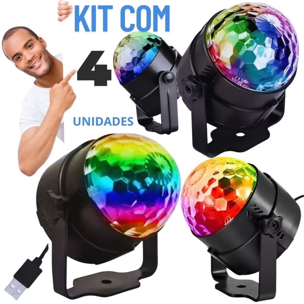 Kit 4 Lâmpada Led Globo Rgb Usb Colorida Discoteca Festa Dj Projetor Balada Bar Karaoke