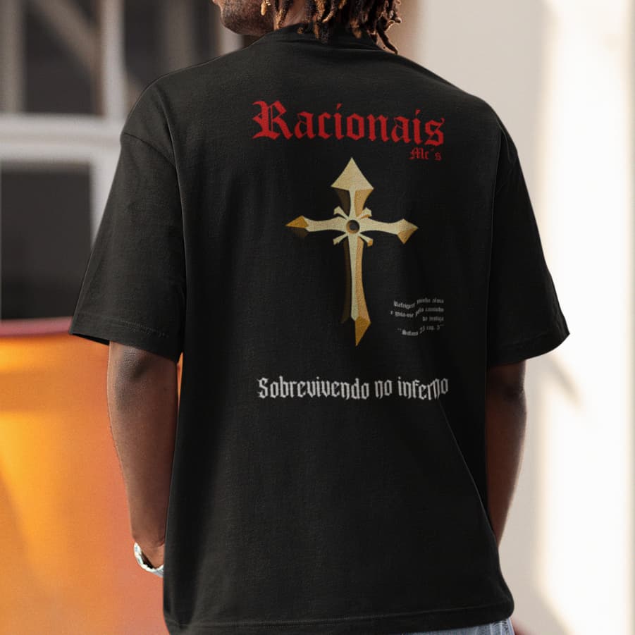 Camiseta Racionais Mc´s Grupo Rap Sobrevivendo No Inferno Cruz Oversized Cores 100% Algodão