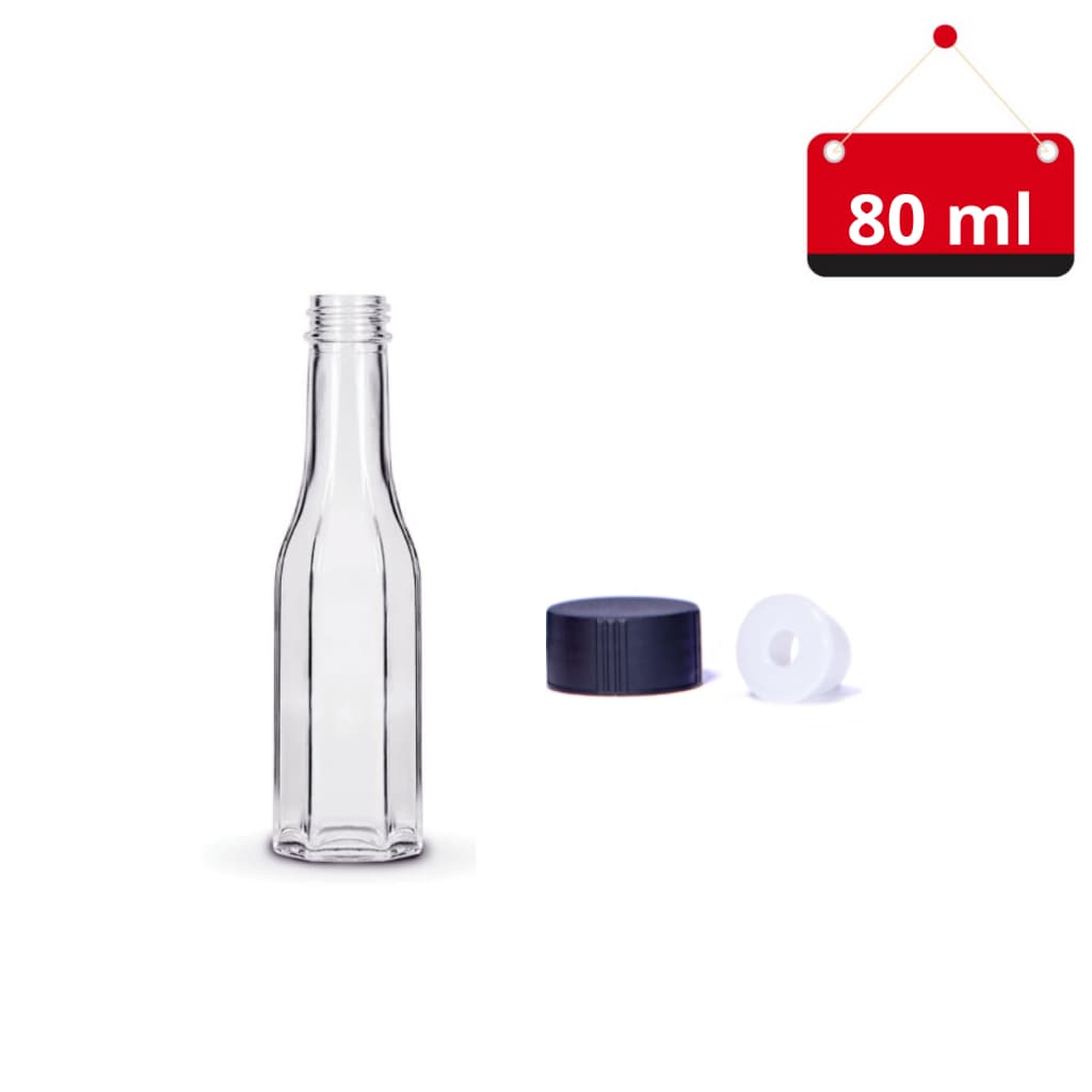 02 Un. Garrafa de vidro sextavada 80 ml com tampa preta e batoque interno