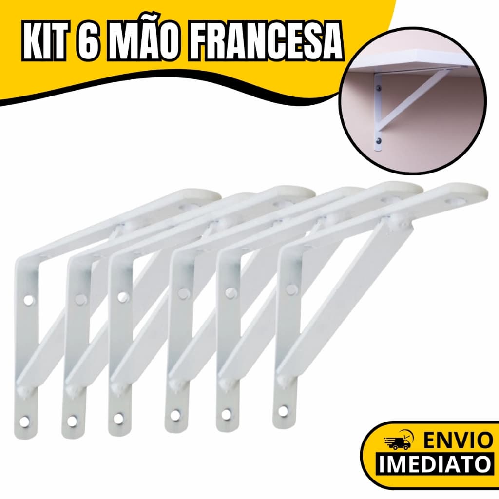 Kit 6 Suportes Cantoneira Mão Francesa para Prateleira Ferro Resistente Fixação Parede Estante