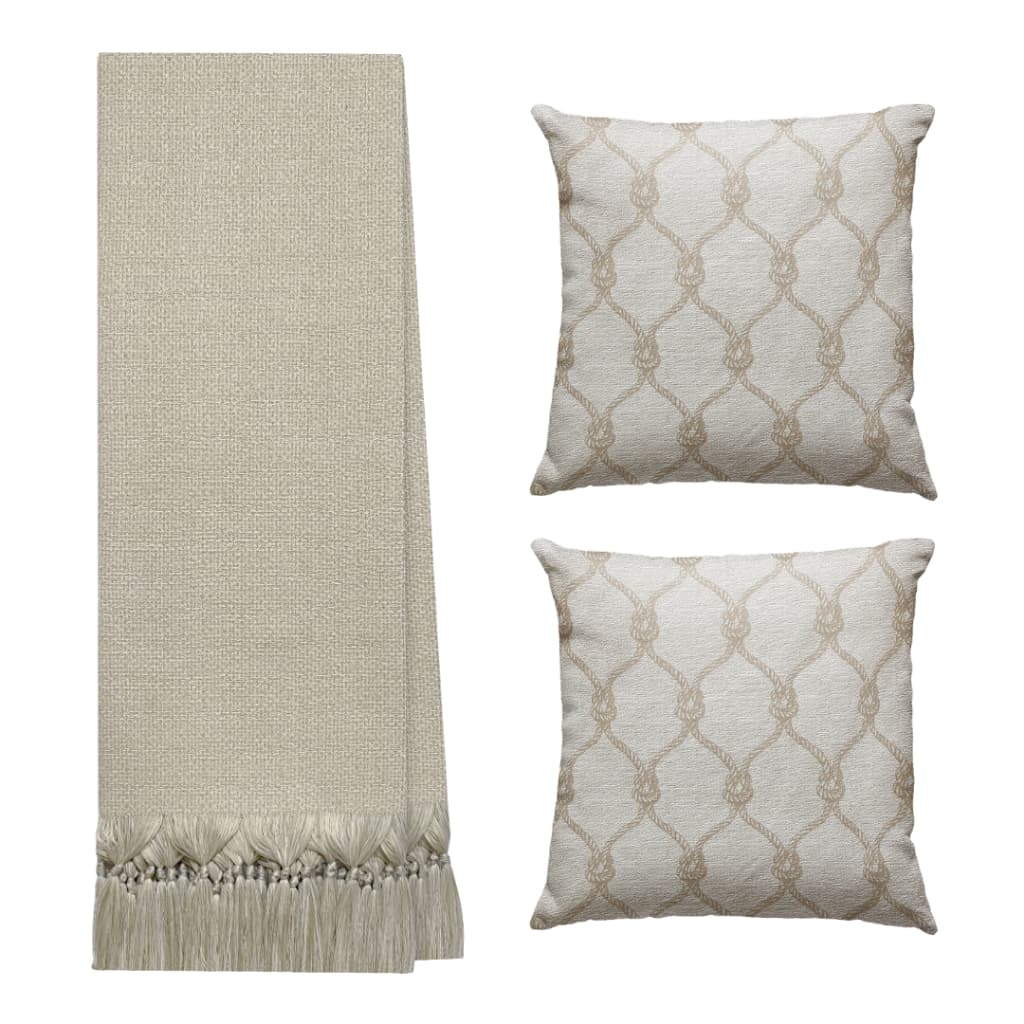 Kit Manta Bege Xale Rústica Decorativa Para Sofá Com 2 Capas de Almofadas Estampadas