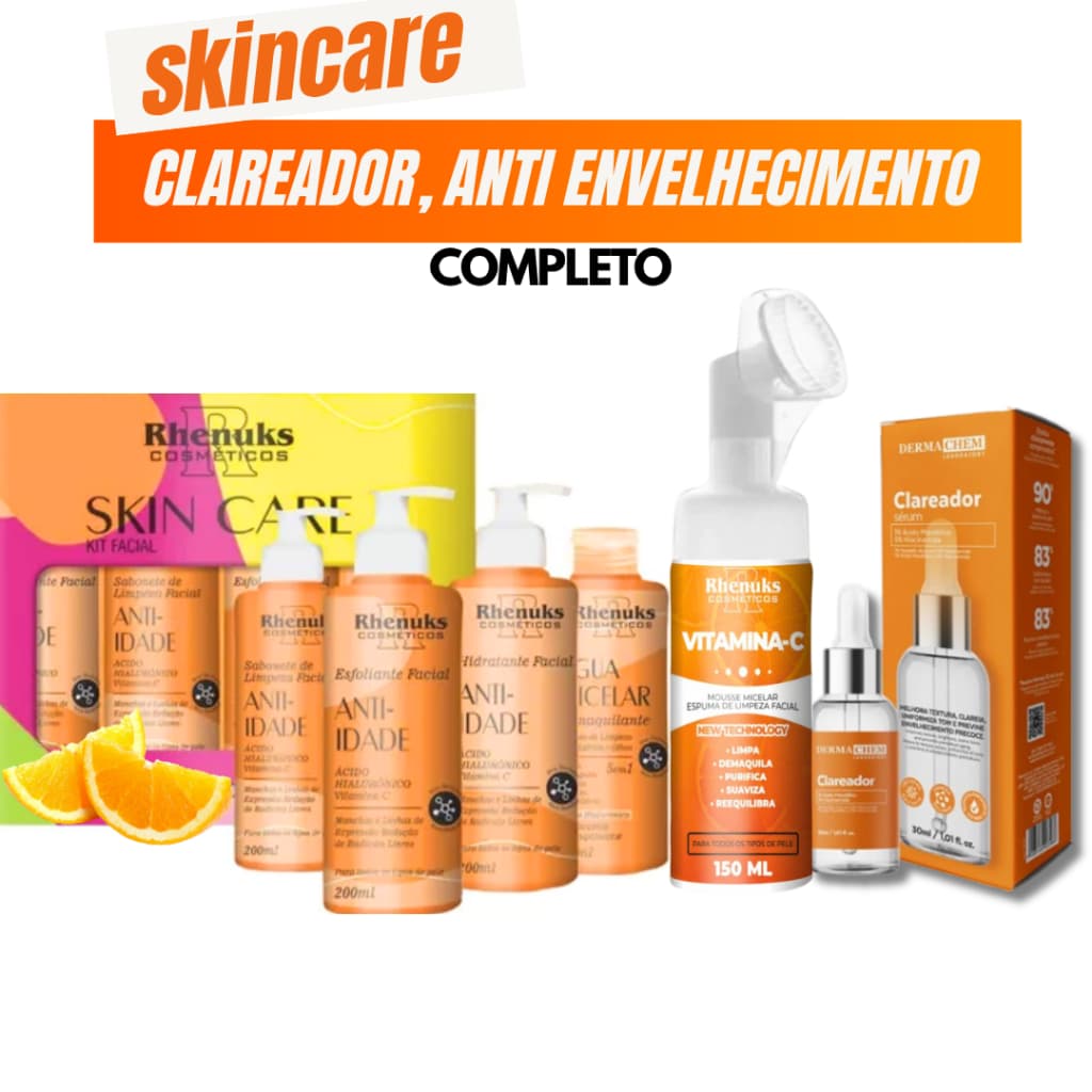 Skincare Vitamina C Anti Idade Clareador Rhenuks+Mousse Micelar Vitamina C+Sérum Clareador Dermachem