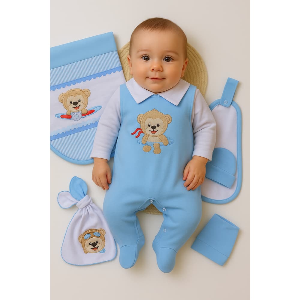 Kit Saída de Maternidade Urso Aviador para Bebe Menino, com Jardineira, Manta e Fraldinha de Boca