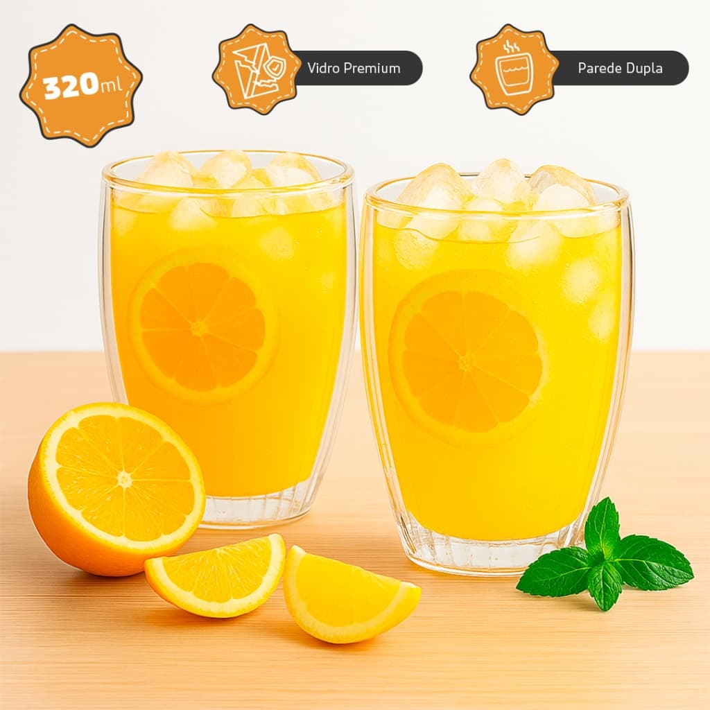 Copo Vidro Térmico 320ml Parede Dupla – Kit 2 Unidades – Premium
