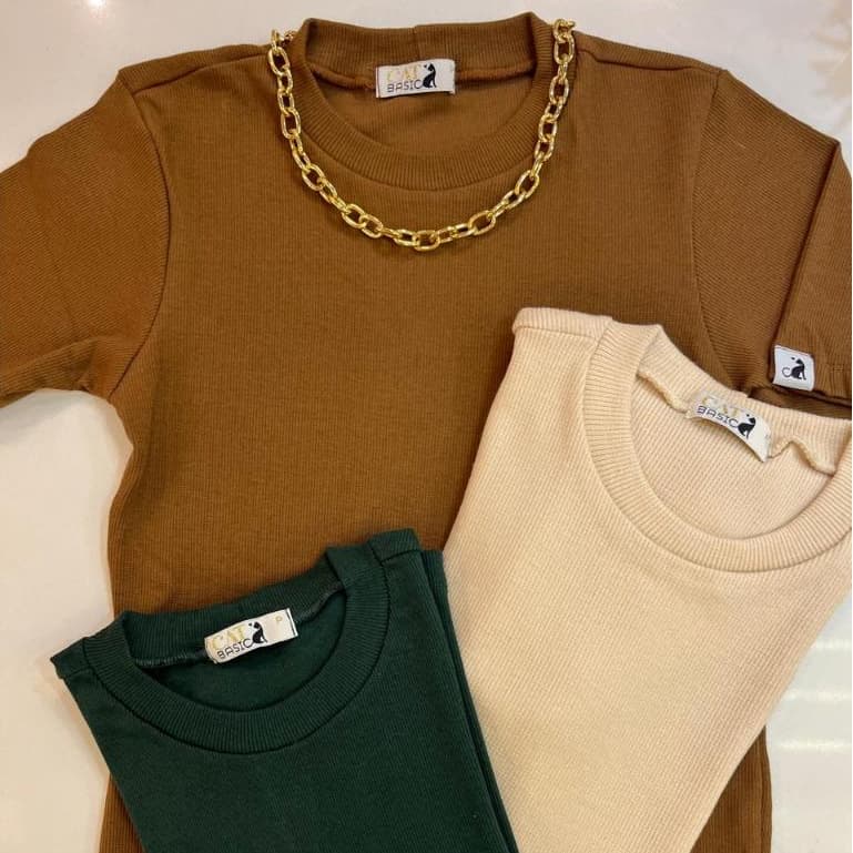 Kit 3 Blusas Femininas Manga Curta B谩sica Lisa Malha Canelada Ribana Cores Sortidas Vers谩til