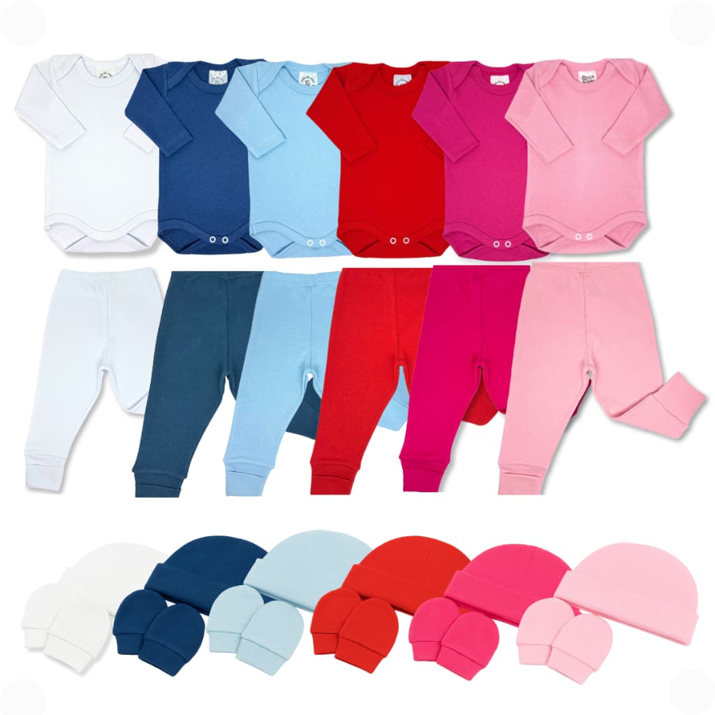 Kit 16 Body Calça Vira Pé Mijão Touca Luva Suedine 100% Algodão Cor Lisa Maternidade Enxoval