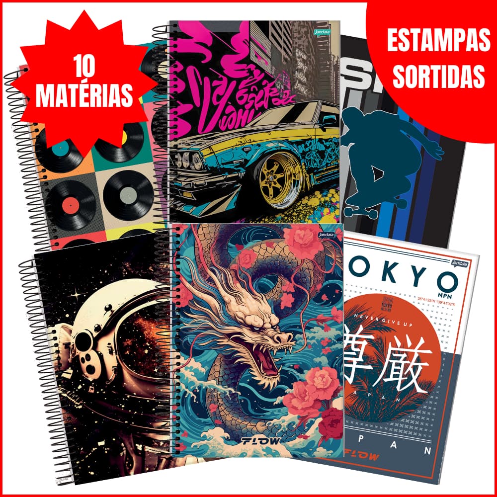 Caderno 10 Matérias Jandaia 160 Flhas Capa Dura Grande Estampas Variadass
