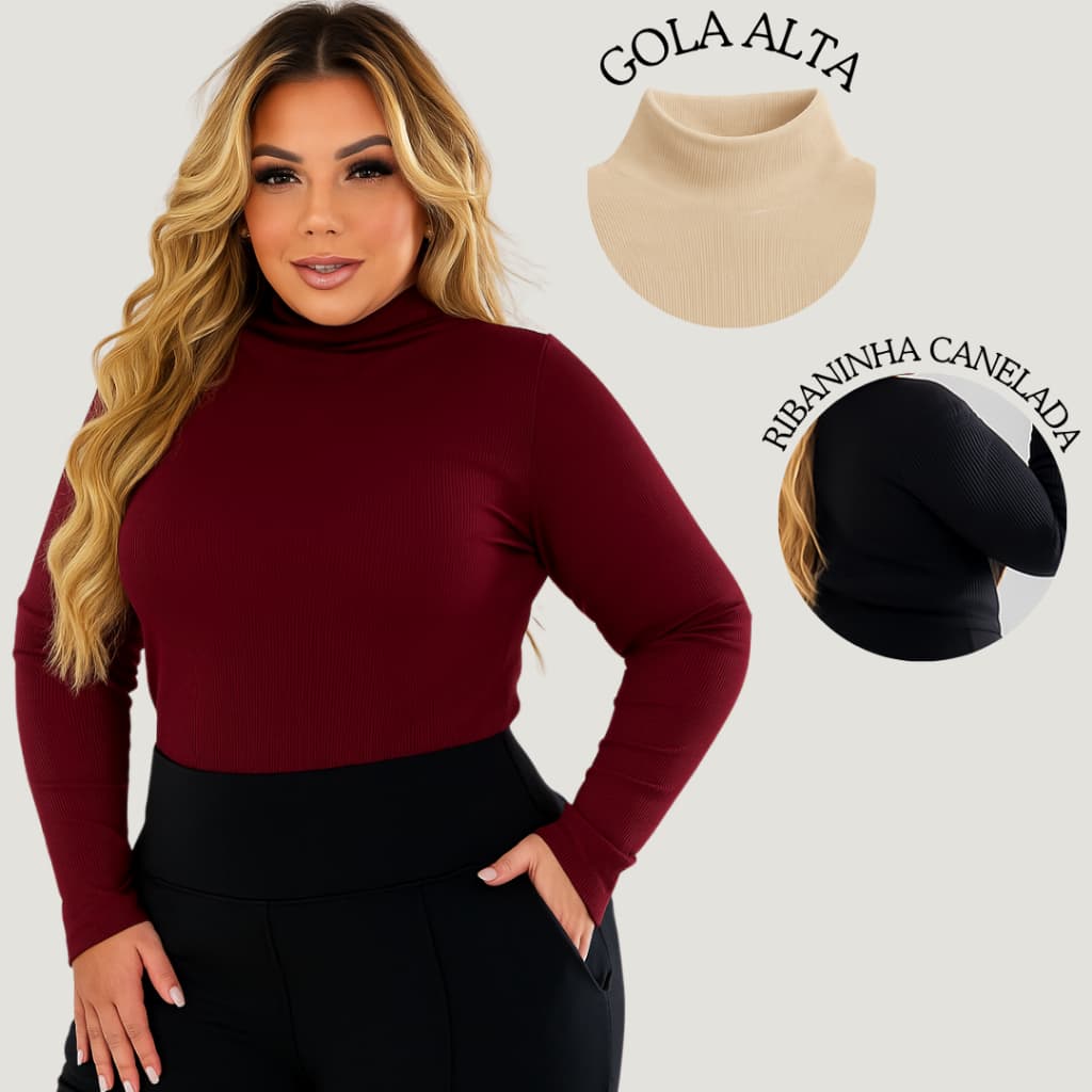 Kit 2 Blusa Manga Longa Feminina Plus Size Canelada Gola Alta Ribaninha Moda Frio Inverno