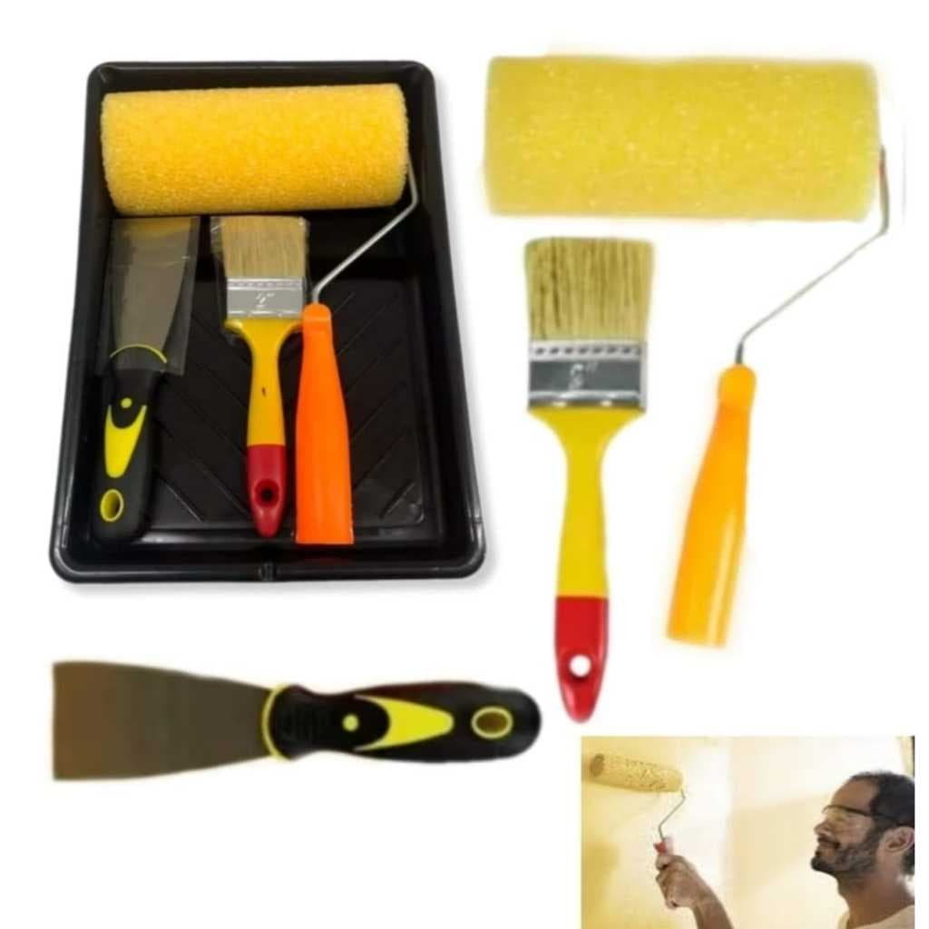 Kit Pintura Rolo Pincel Espátula Bandeja 4 Peças