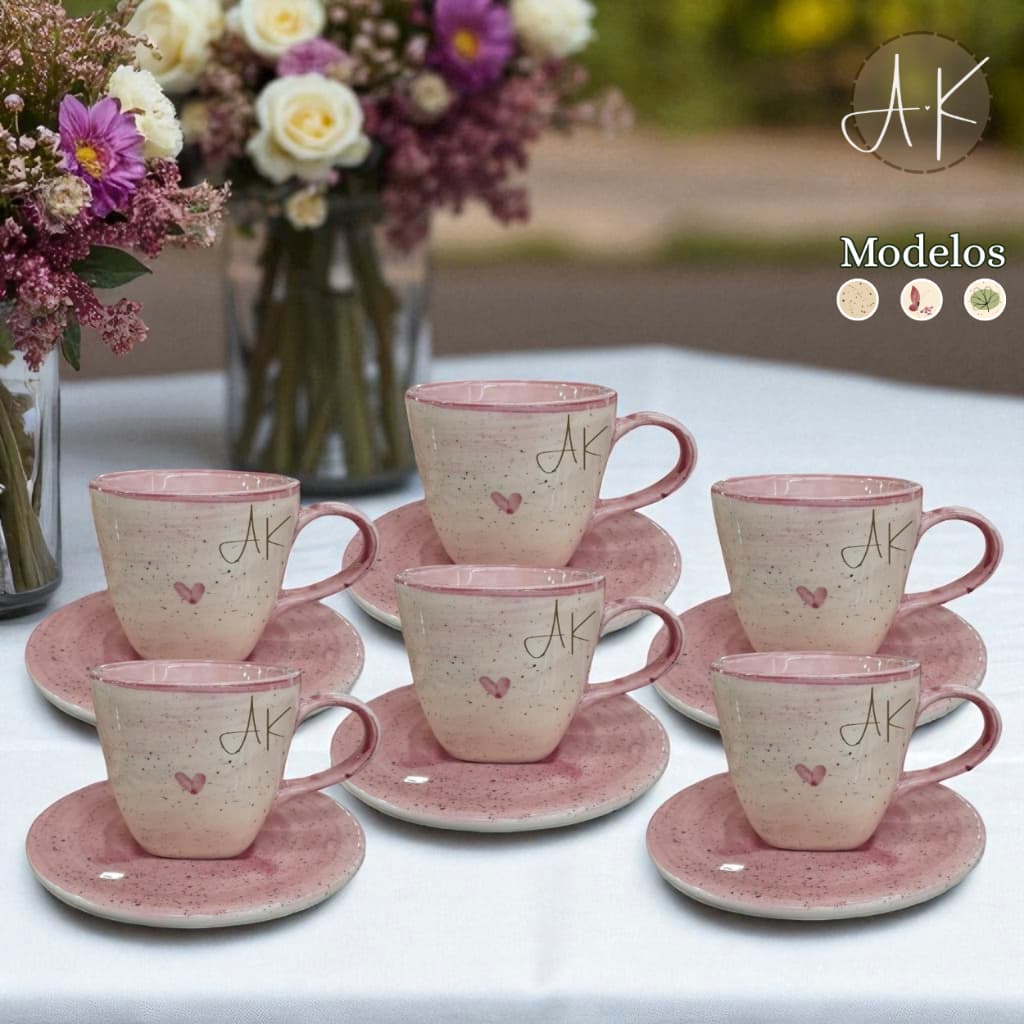 Conjunto de 6 Xícaras de Chá c/ Pires Cerâmica Pintado à Mão Diversos Modelos 200ml