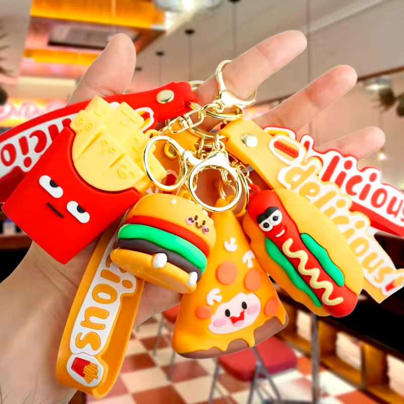 Chaveiro com Pingente Borracha Macia, PVC, Pizza, Hamburguer, Cachorro-quente, Batata Frita Comida