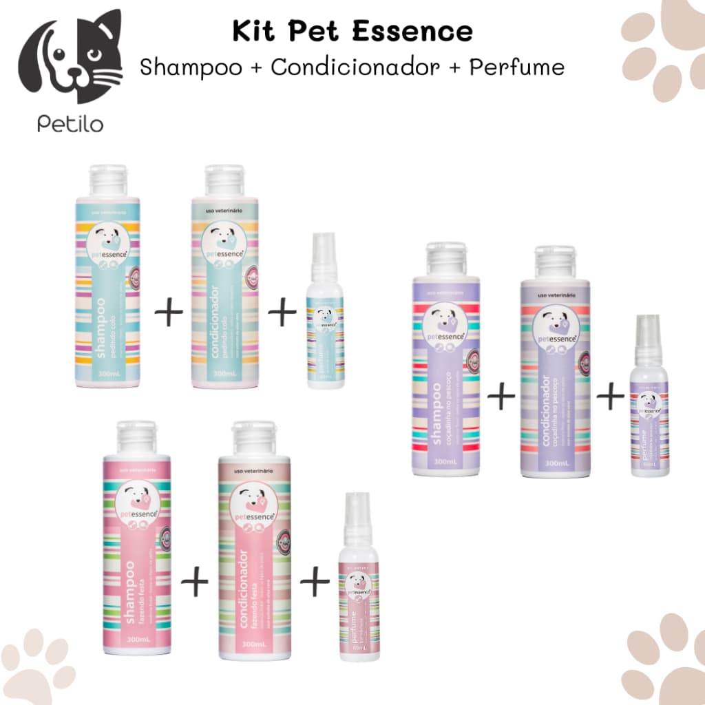 Kit Banho Pet Shampoo 300ml + Condicionador 300ml + Perfume 60ml PetEssence - Escolha a Fragrância