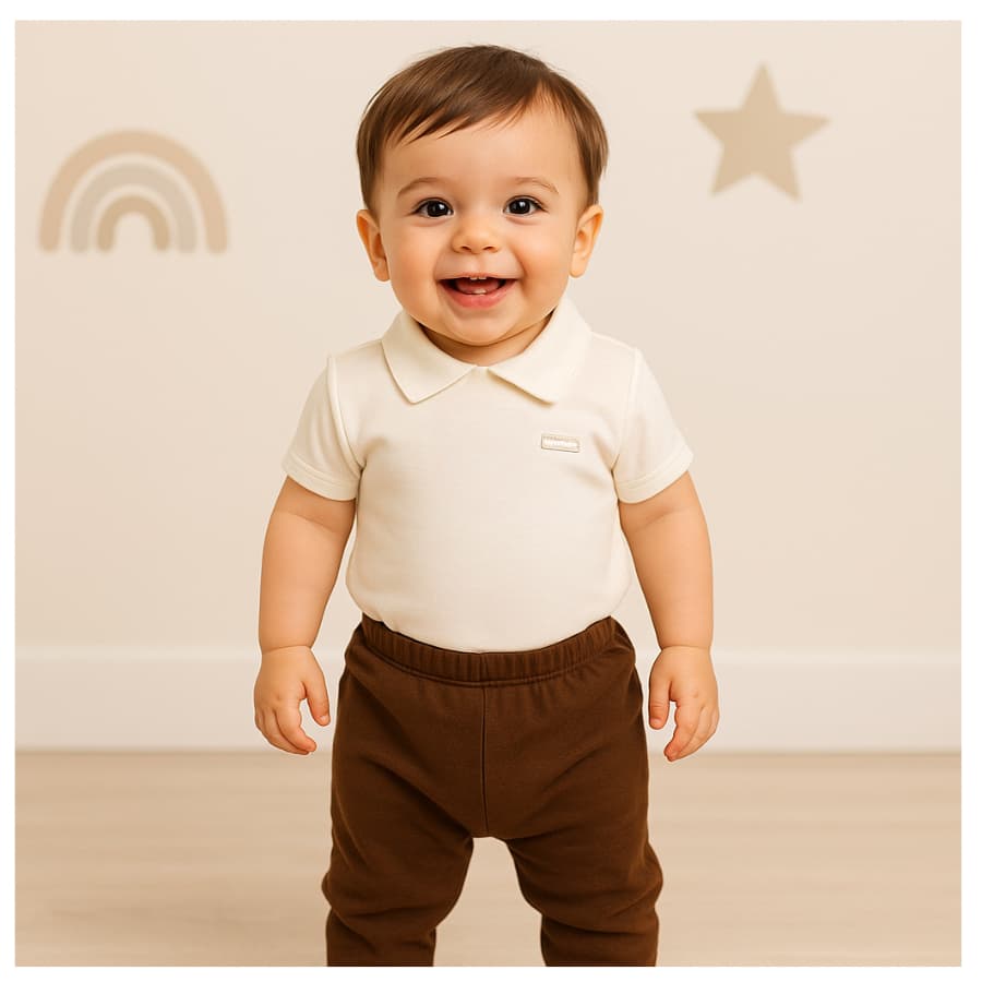 Body bebê manga curta com gola polo cru 100% algodão premium