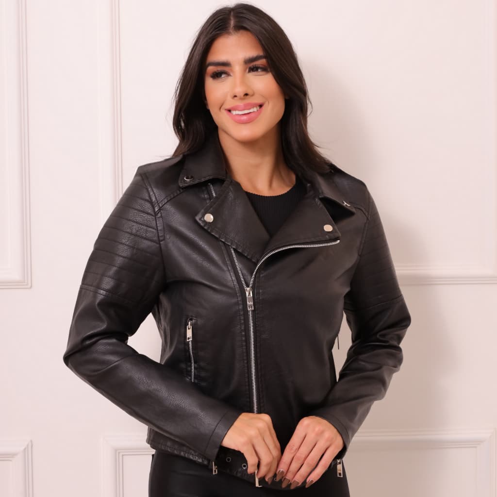 Jaqueta de Couro Feminino Motociclista Gola Lapela Moto Clube Cinto Fechar Courino Fake PU Ocasional