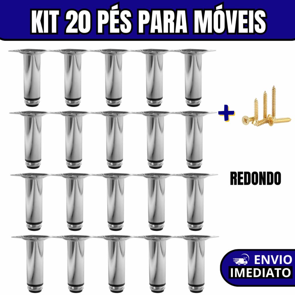 Kit 20 Pés Móveis Reguláveis Redondos Cromados 8cm 10cm 12cm 15cm 20cm Base Suporte Ajustável Nível