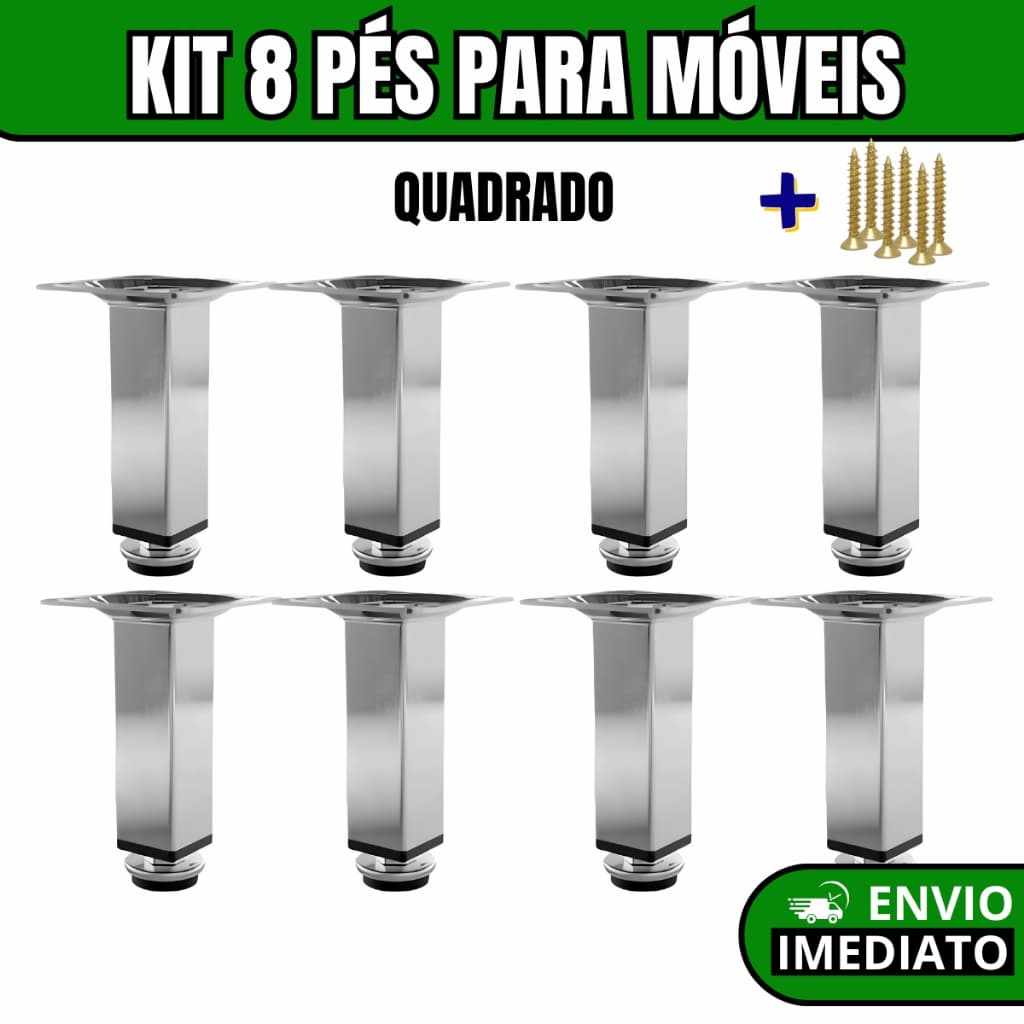 Kit 8 Pés Para Móveis Regulável Quadrado Cromado - 8cm | 10cm | 12cm | 15 cm | 20cm