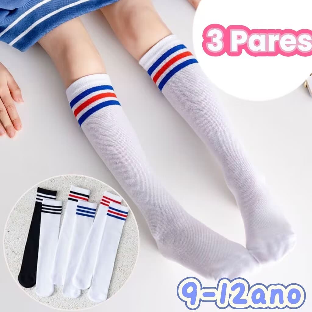 Kit 3 Meias Estudantis Three Bar Esportivas Algodão Tubo Médio De Futebol De Joelho Infantis